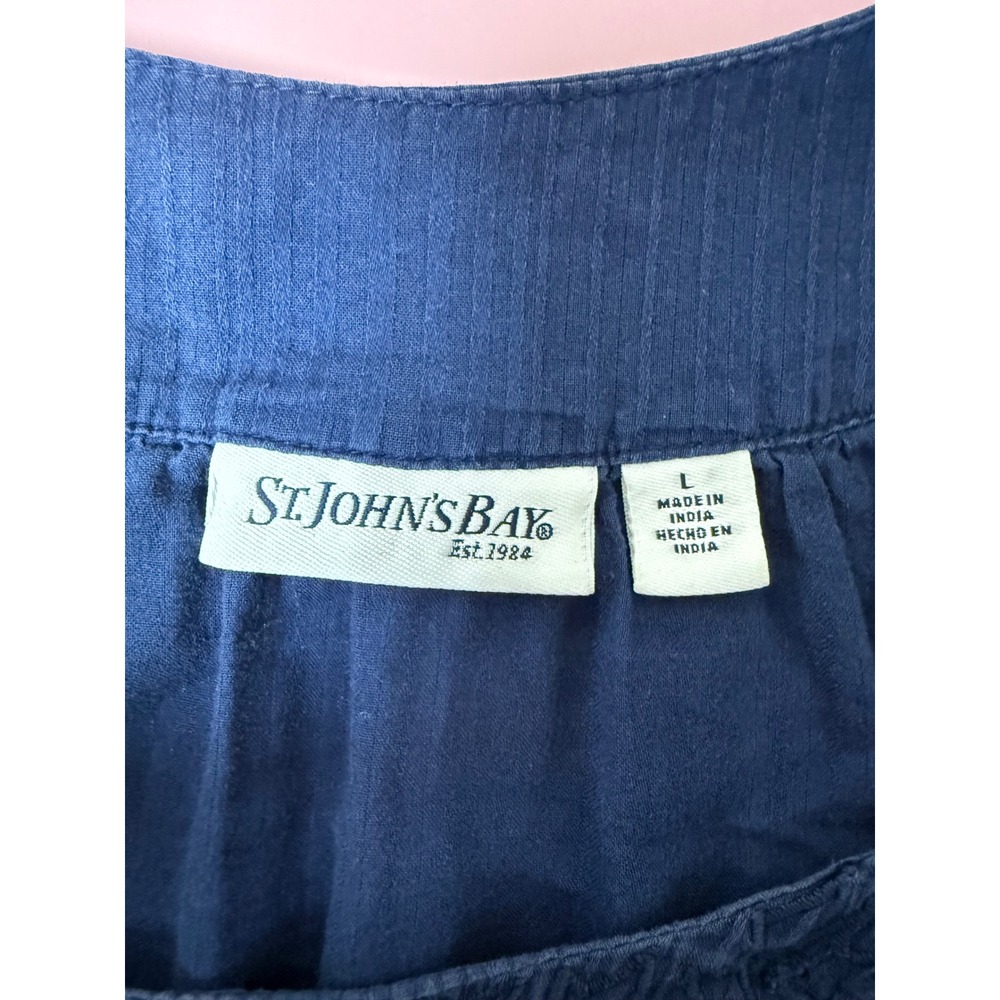 St Johns Bay Blue Peasant Top Blouse Womens L Short Sleeve Embroidered Neck - Picture 2 of 6